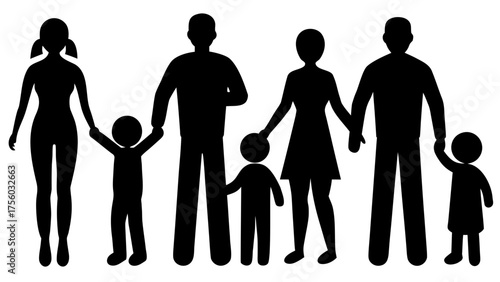Silhouette of two families with children holding hands in a simple illustration