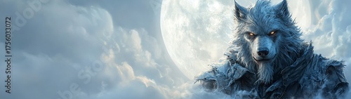 Werewolf monster with glowing eyes under full moon