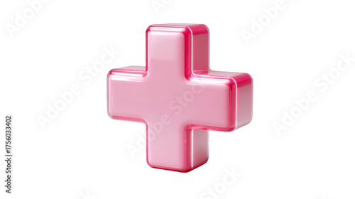 A shiny pink 3D plus sign rendered with a glossy finish and rounded corners set against a plain white background