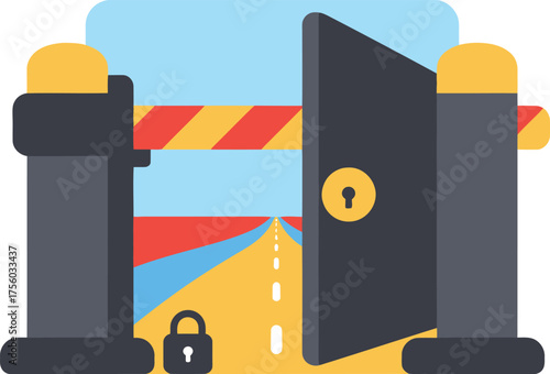 A gate opens to a road, symbolizing access and travel security.