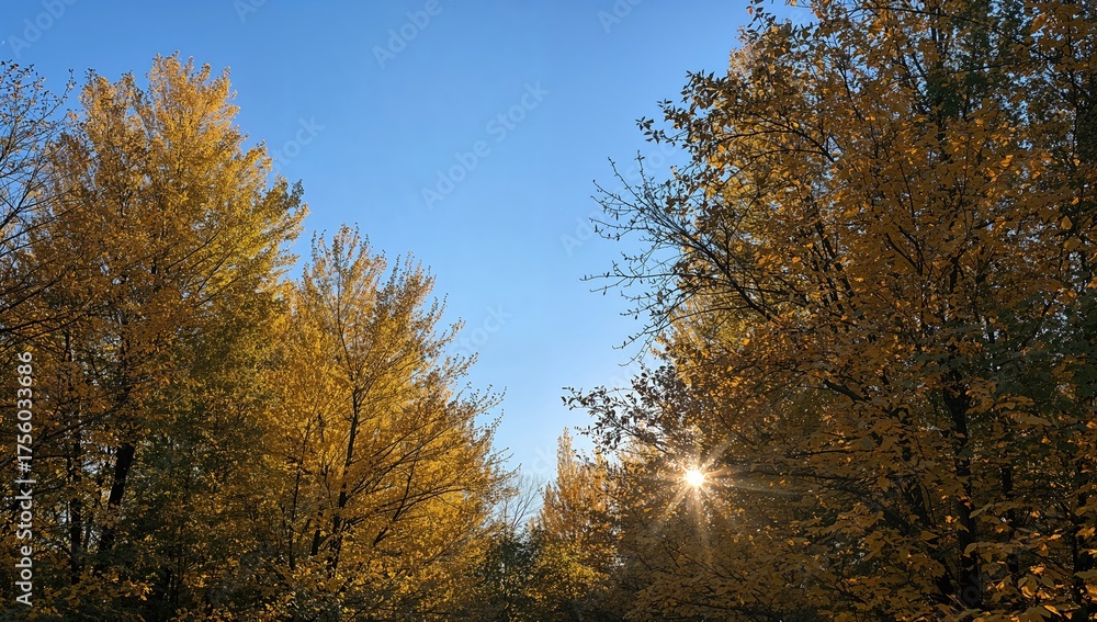 Fototapeta premium Sunset sunlight brightens autumn leaves in shades of green and yellow against a clear blue sky