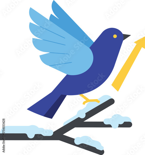 A stylized bird takes flight from a snowy branch.