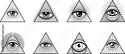 All seeing eye in pyramid symbols set, black and white mystical illustration collection representing enlightenment spirituality vision and secret knowledge