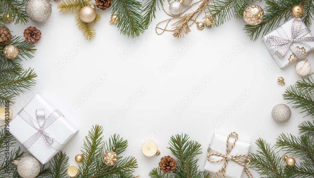 Fototapeta premium Festive arrangement featuring evergreen twigs, ornaments, pinecones, candles, treats, and elegantly wrapped presents on a plain white backdrop, top-down perspective
