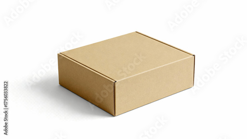 Closed khaki cardboard box mockup for product packaging or shipping. Isolated on pure white transparent background
