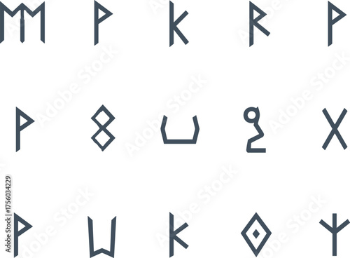 Collection of minimalist rune symbols representing strength protection luck love and prosperity, modern Scandinavian magical alphabet design vector illustration