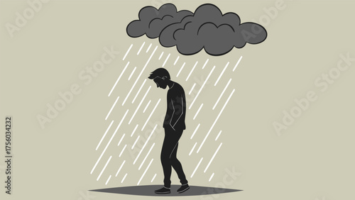 Silhouette of a sad man standing under a dark storm cloud raining heavily
