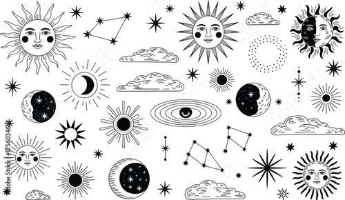 Mystical celestial illustration with sun moon stars and constellations, vintage black and white astrology and cosmic esoteric design vector collection