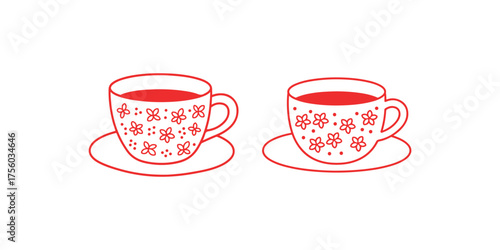 Floral Tea Cups on Saucers Red Outline Vector Illustration for a Cozy Afternoon Break