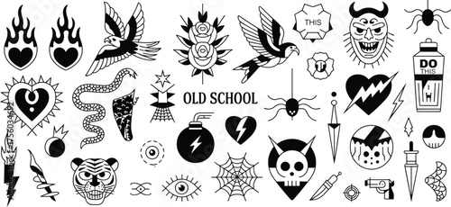 Vintage old school tattoo collection with hearts daggers roses skulls snakes and swallows, traditional black and white tattoo vector set