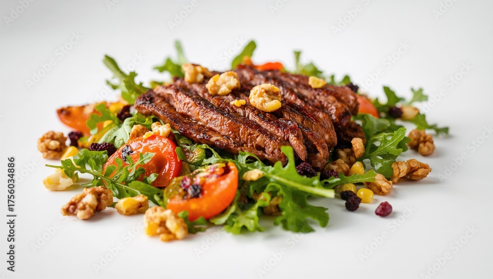 Fototapeta premium Walnut and Beef Salad with Grilled Corn, Yuzu Tomato, and Fresh Greens on a White Backdrop