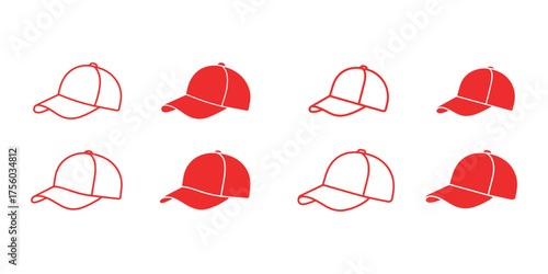 Baseball Cap Outline and Solid Icon Set Sportswear Headwear Accessory Collection Vector Design
