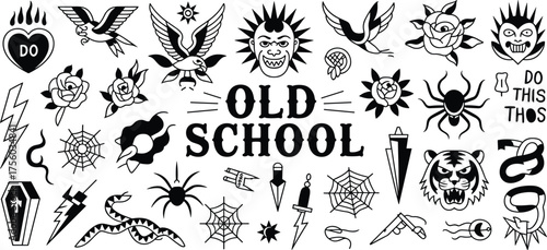 Vintage old school tattoo collection with hearts daggers roses skulls snakes and swallows, traditional black and white tattoo vector set