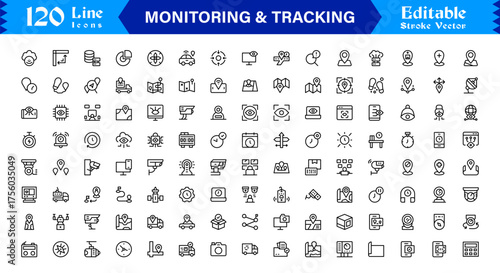 Monitoring And Tracking Solution icon collection. Unique And Minimal Line Icon Pack with Editable, Pixel-Perfect Design