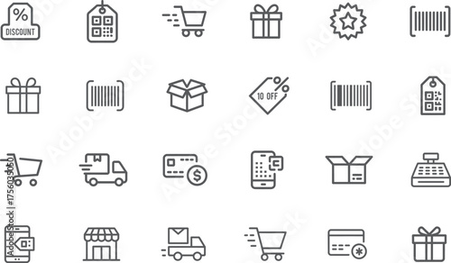 E‑Commerce Line Icon Vector Set – Shopping, Delivery, and Payment Symbols for Online Store and Retail Design