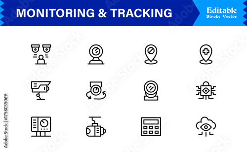 Monitoring And Tracking Solution icon collection. Unique And Minimal Line Icon Pack with Editable, Pixel-Perfect Design