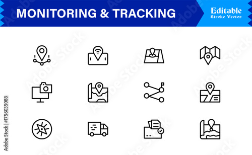 Monitoring And Tracking Solution icon collection. Unique And Minimal Line Icon Pack with Editable, Pixel-Perfect Design