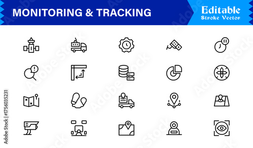 Monitoring And Tracking Solution icon collection. Unique And Minimal Line Icon Pack with Editable, Pixel-Perfect Design