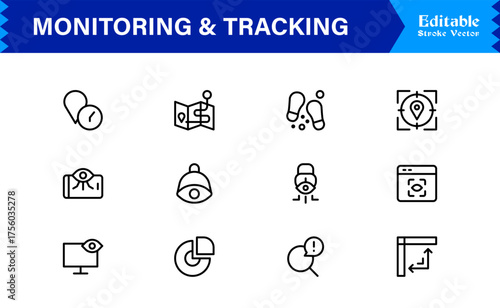 Monitoring And Tracking Solution icon collection. Unique And Minimal Line Icon Pack with Editable, Pixel-Perfect Design