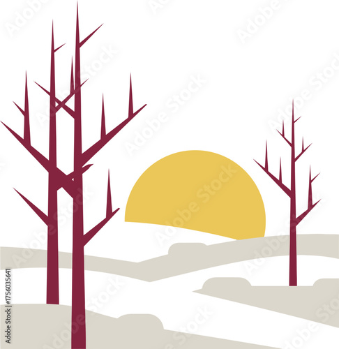 Minimalist landscape of bare trees and a setting sun, serene and simple.