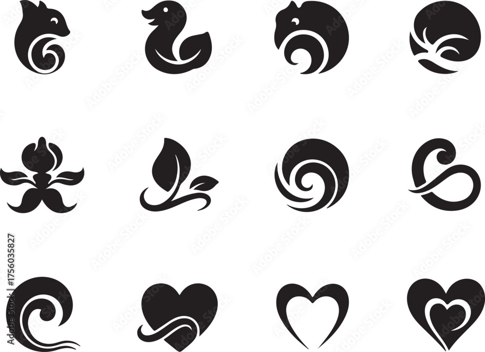 Fototapeta premium set of animal or green leaf black and white icons