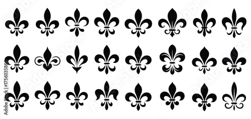 Fleur de lis vector set, royal french heraldic lily symbols collection, medieval decorative flower emblems for coat of arms, luxury insignia design elements, classic vintage silhouette illustration