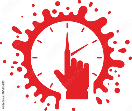 Clock with a pointing hand inside and a red splash background.
