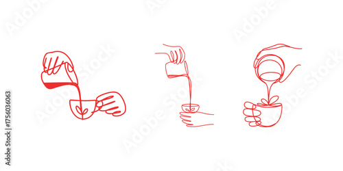 Pouring Drink Illustration: Beverage Service, Red Outline on White Background