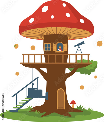 A whimsical mushroom treehouse with a swing and telescope.