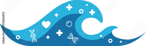 A blue, stylized wave with medical symbols and DNA strands.