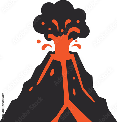 A stylized volcano erupting with lava and smoke.
