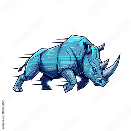 A stylized, digital illustration of a blue rhinoceros with circuit board patterns, running fast.