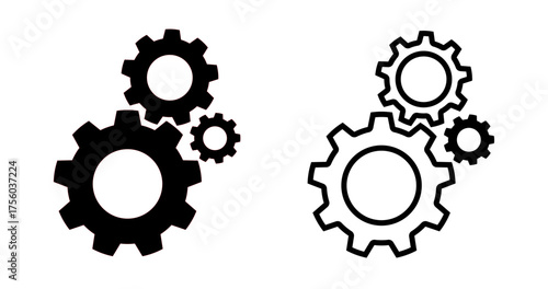 Black gear combination featuring interlocking cogwheels with bold solid and outline styles, clean vector on transparent background. Perfect for teamwork, system, and engineering design.