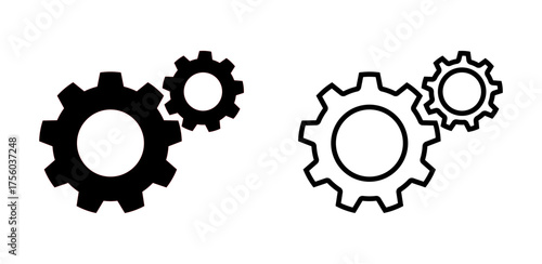 Black gear combination featuring interlocking cogwheels with bold solid and outline styles, clean vector on transparent background. Perfect for teamwork, system, and engineering design.