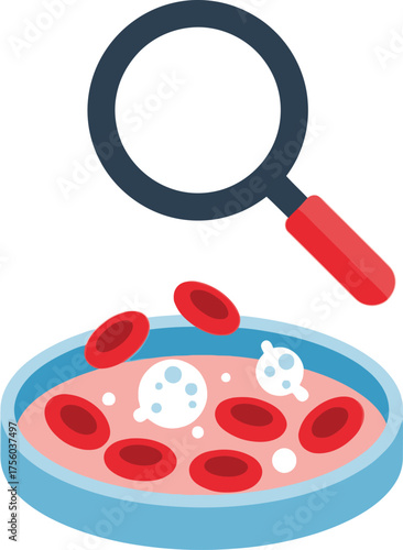 Blood cells in petri dish being examined with magnifying glass.