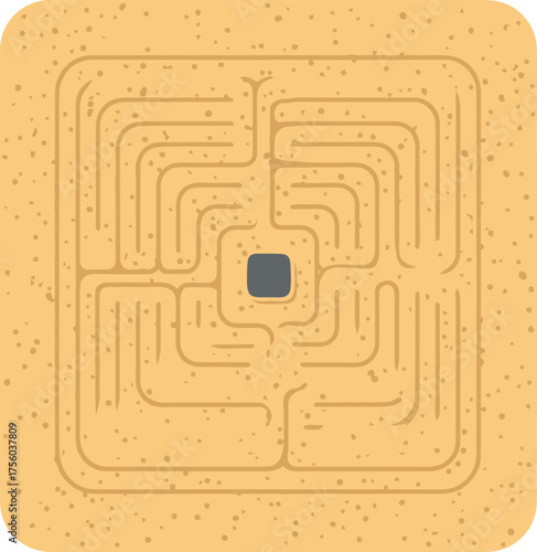 A tan square labyrinth with rounded corners and a dark gray center.