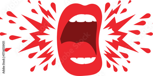 An open mouth, screaming in red, conveying anger or shouting.