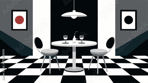 A dining room with a black and white checkerboard floor a white pedestal table and black Eames chairs.