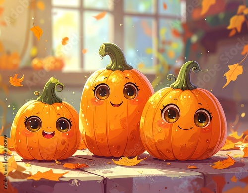 Three cheerful pumpkins with cute expressions surrounded by autumn leaves in a cozy setting