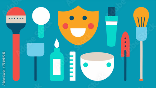 Application Tools A vector featuring various tools used for applying the mask such as brushes or spatulas alongside the exosomeinfused face mask packaging.