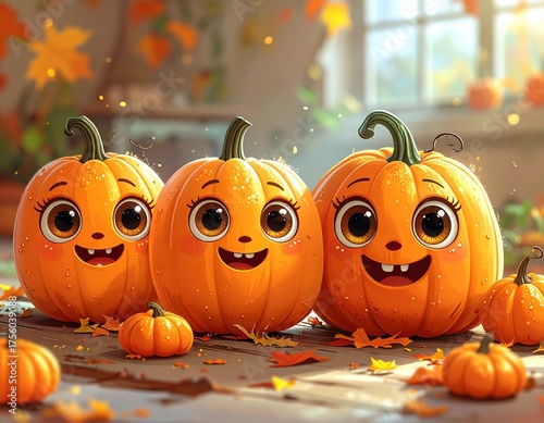 Three cheerful pumpkins with adorable faces in a cozy autumn setting filled with leaves and sunlight