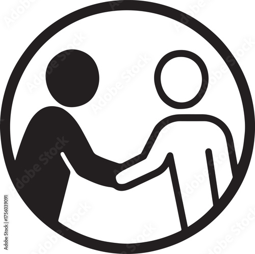 Silhouette of handshake between two people inside geometric circle symbolizing agreement.