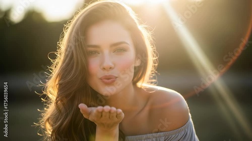 Woman blowing kiss to camera, showing affection and sending love, beautiful light flare footage