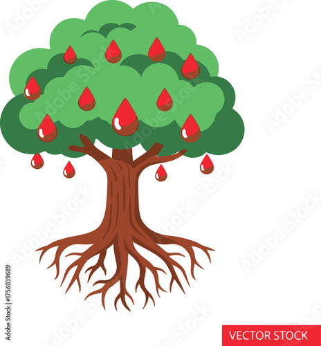 Stylized tree with red drops on the foliage.