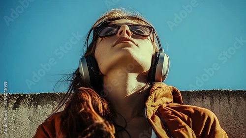 A woman wearing sunglasses and headphones looks up at the clear blue sky, possibly lost in thought or inspired by nature