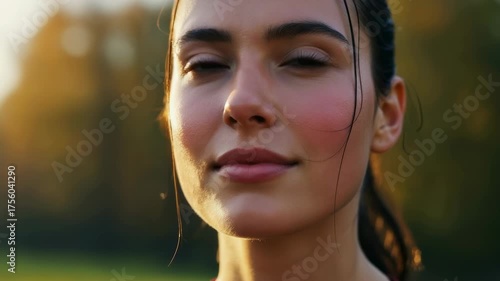 Close portrait of a woman exhaling breath vapor in sunlight. Relaxing moment in nature for wellness, health and fresh air footage.