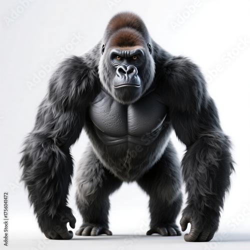 powerful 3d gorilla standing with intense gaze, detailed fur and muscular build, ideal for wildlife, strength