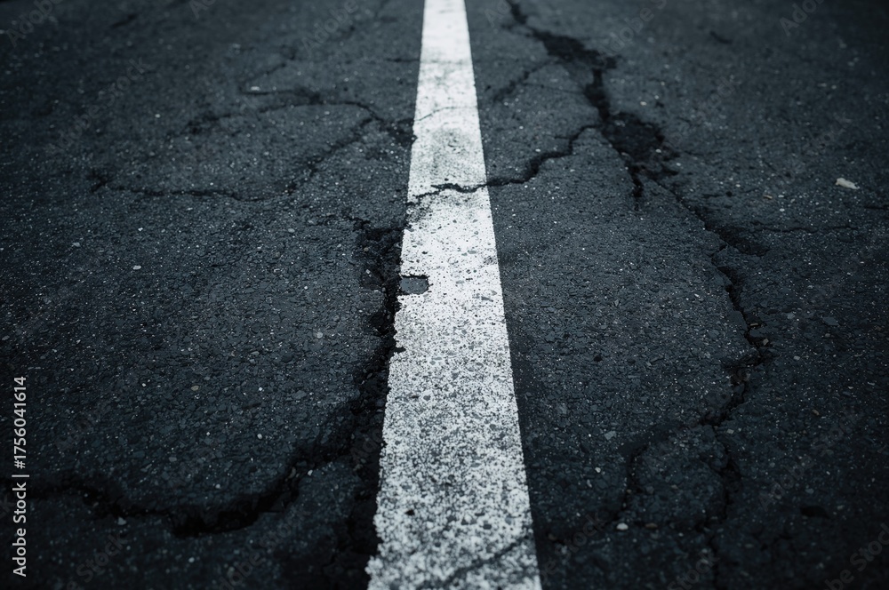 Obraz premium Grungy black asphalt featuring a worn white line, textured road surface, and vintage street aesthetic