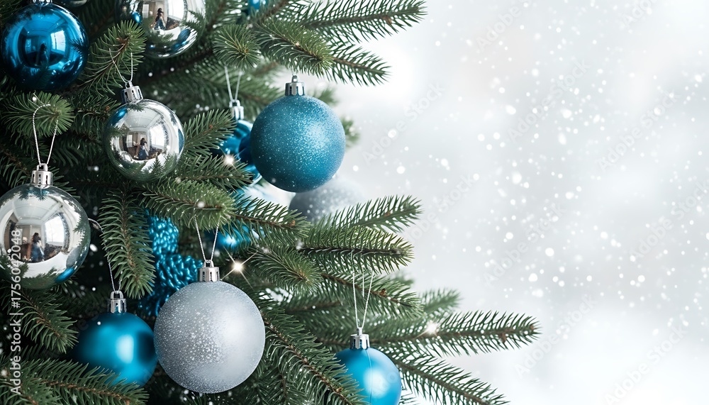 Fototapeta premium Christmas tree decoration with blue and silver ornaments in a snowy background
