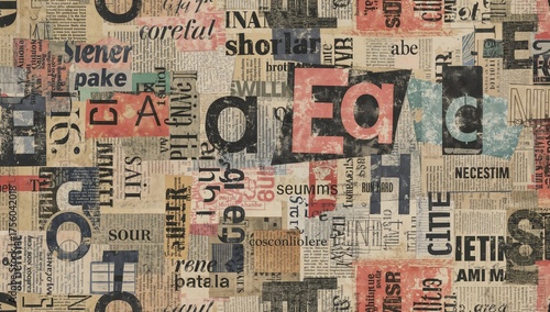 Seamless pattern featuring abstract geometric shapes and distressed text elements on a vintage newspaper and magazine textured background
